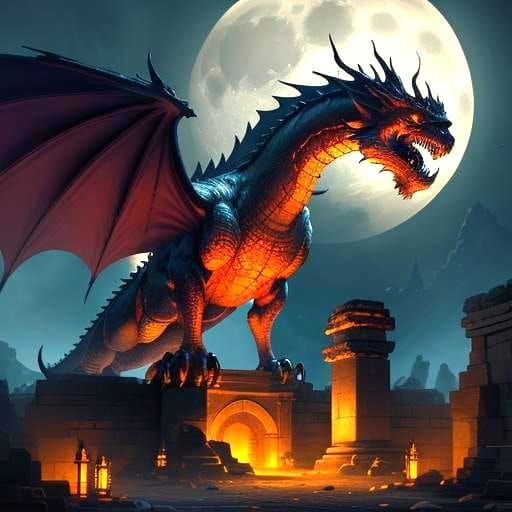 Red Fire Dragon at Dark Temple: Anime Style