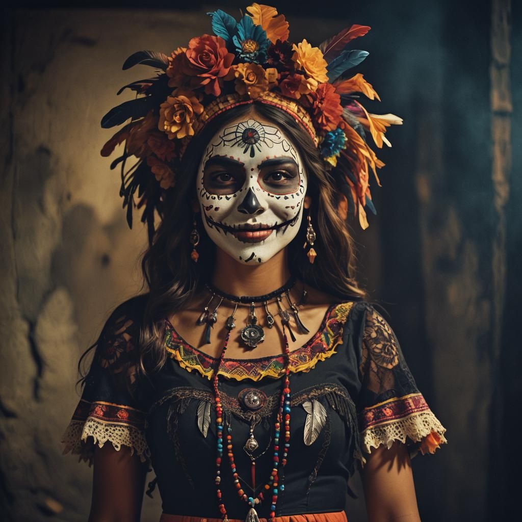 Catrina and Native American Girl in Cinematic Portrait