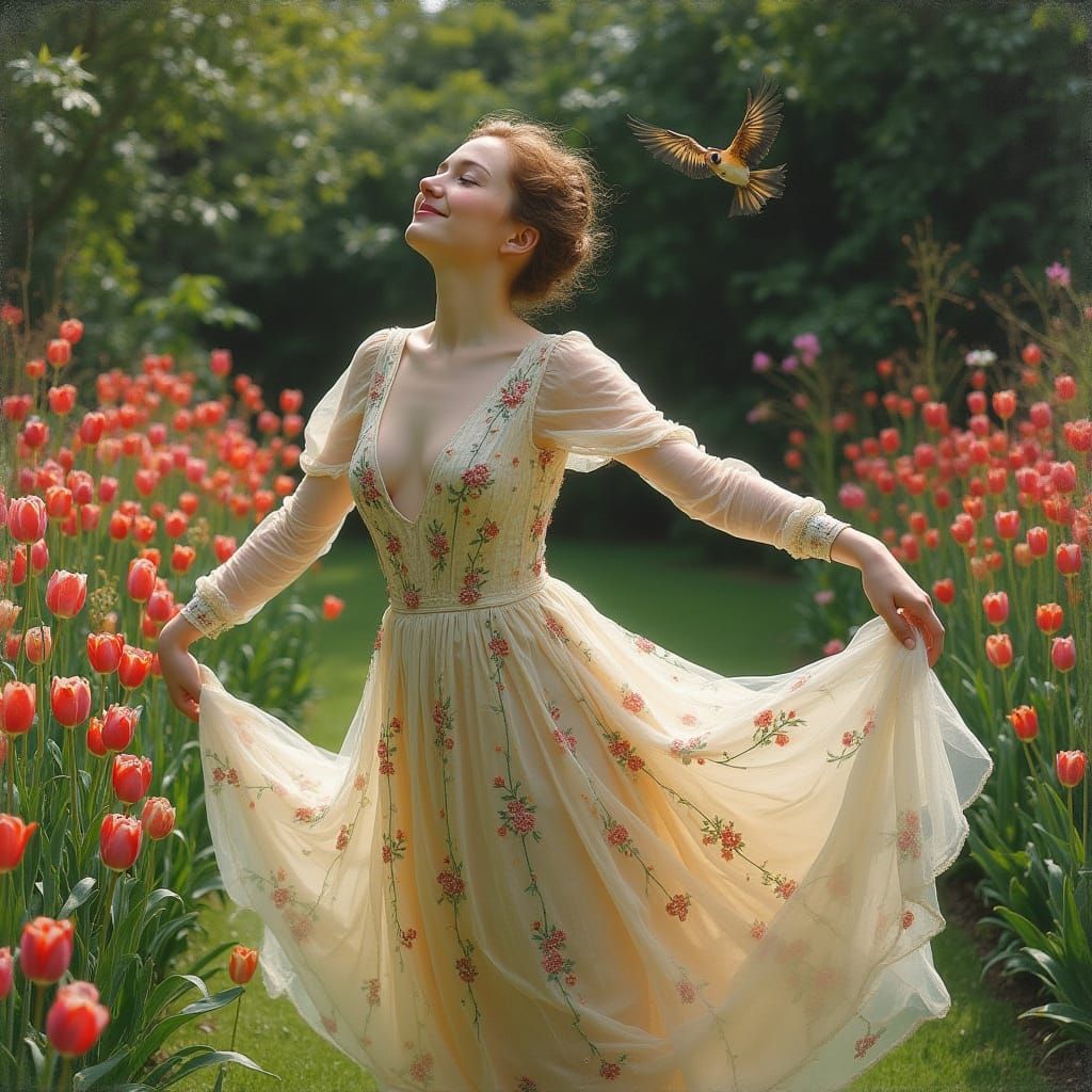 Ethereal European Woman Dances in Garden Aisle with Iridesce...