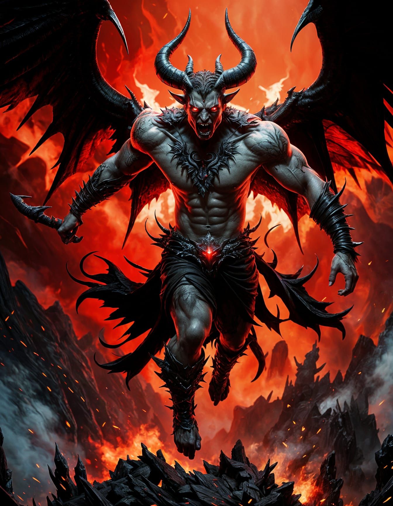 Flying Demon with Glowing Eyes in Dark Landscape