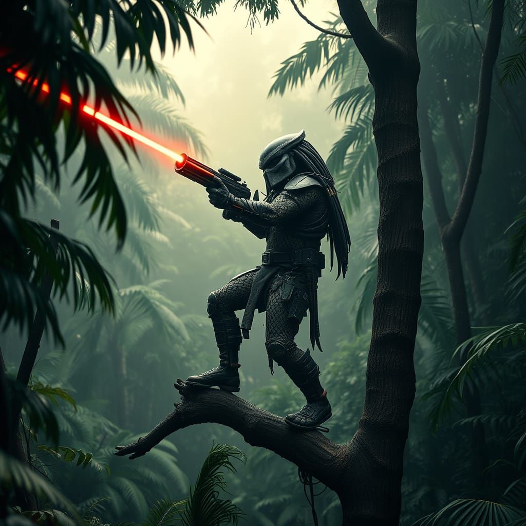 Predator Fires Laser Cannon in Jungle Tree