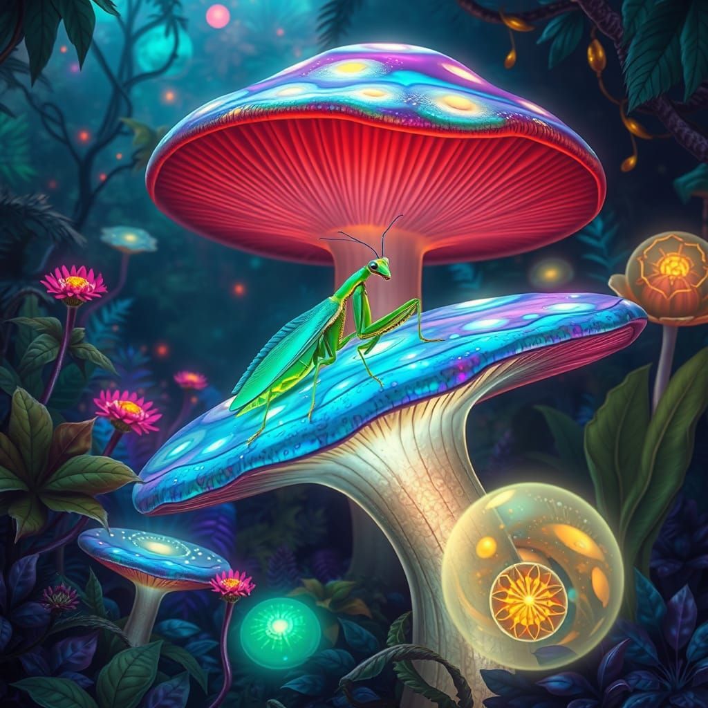 Bioluminescent Praying Mantis in Alien Rainforest