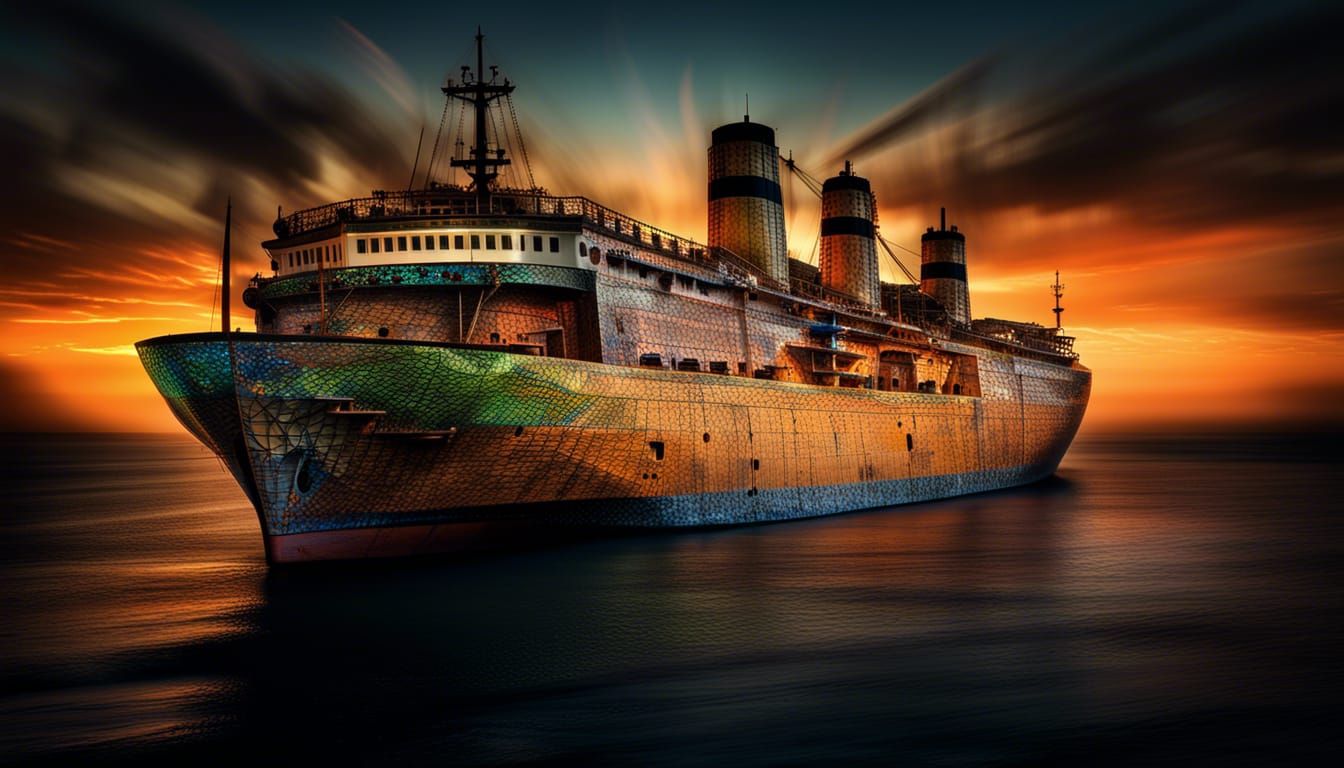 Dramatic Mosaic of Large Ship at Twilight