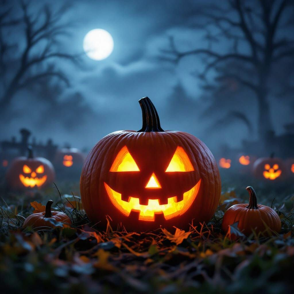 Spooky Jack O Lanterns in Misty Halloween Night