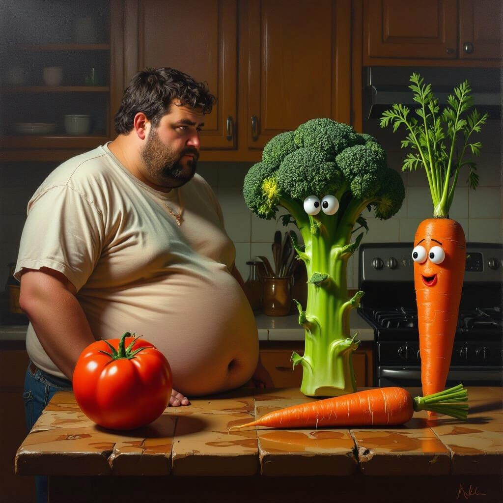 Man Discusses Diet with Talking Vegetables in Oil Painting