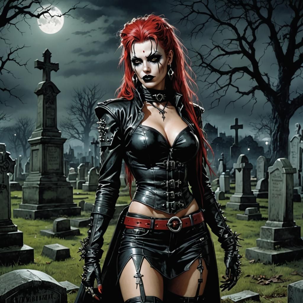 Gothic Punk Woman in Graveyard: Dark Fantasy Comic Art