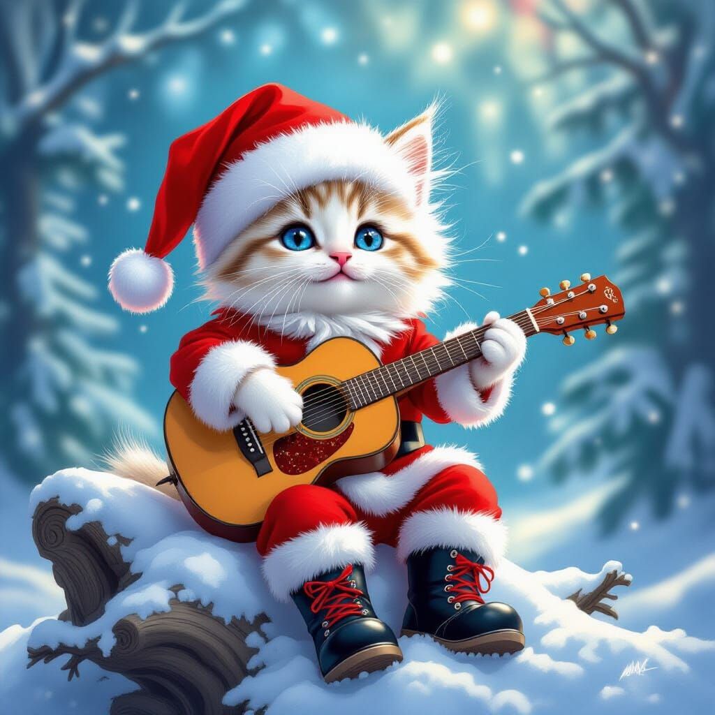 Fluffy Kitten Sings in Santa Costume Amidst Winter Wonderlan...