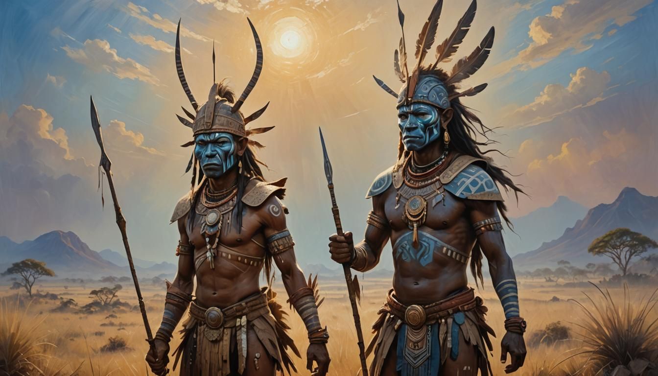 Alien Warrior on Savannah as Oil Painting