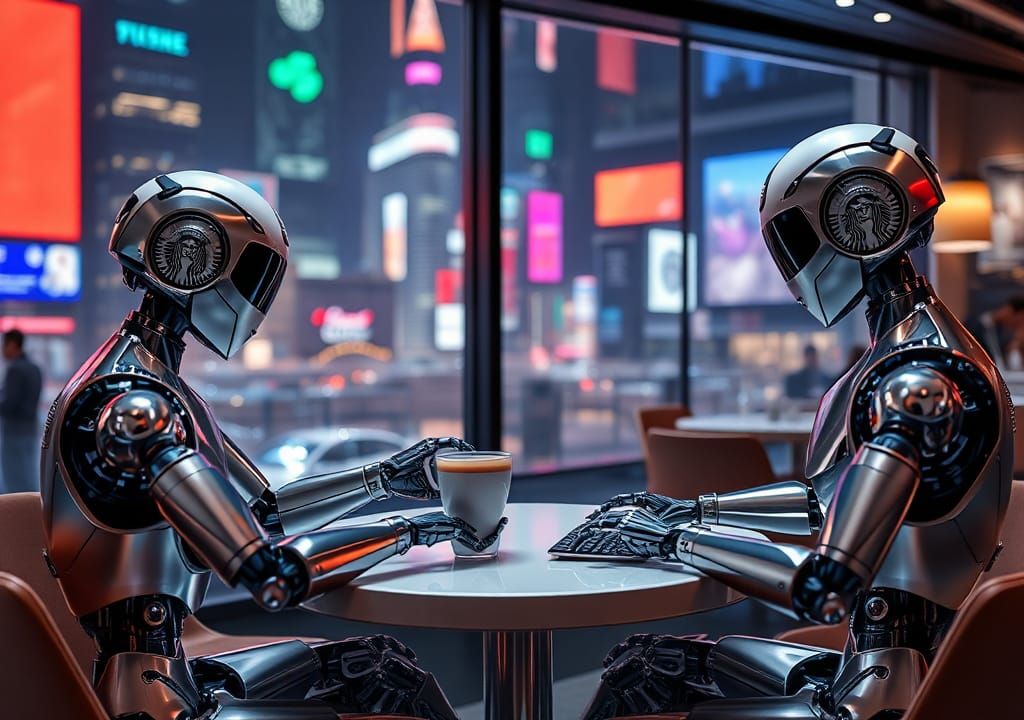 AI Robots Meeting at Starbucks in Futuristic Style