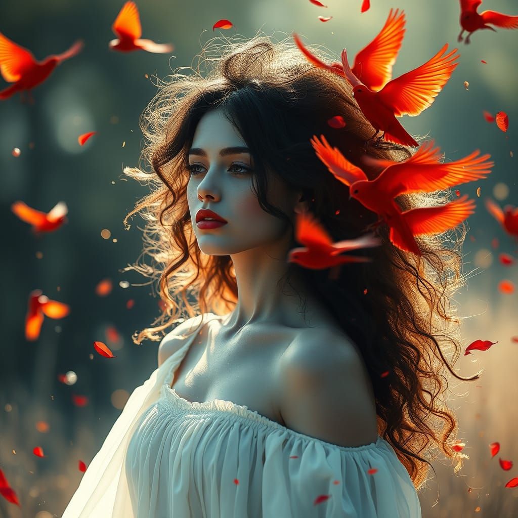 Woman with Birds in Flight: Cinematic Grayscale Portrait