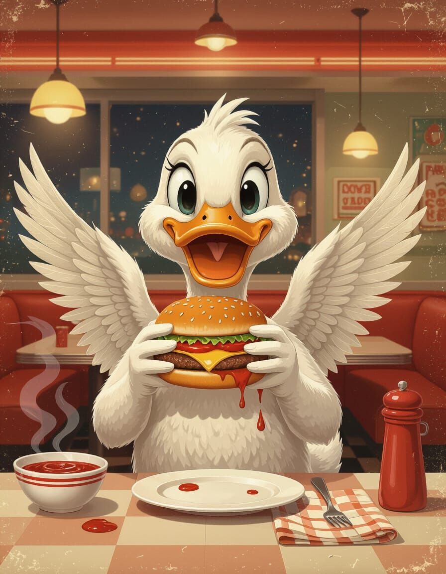 Cheerful Duck with Burger in Retro Diner