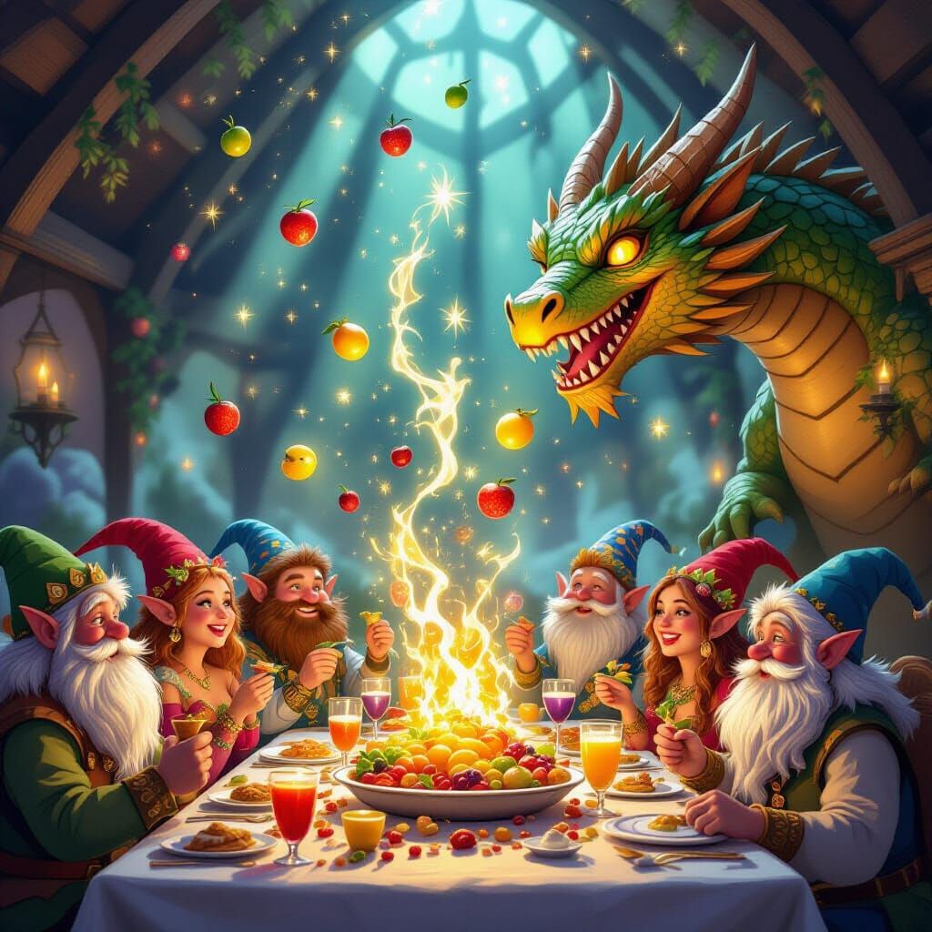 Magical Feast Hall with Mythical Creatures and Glowing Food