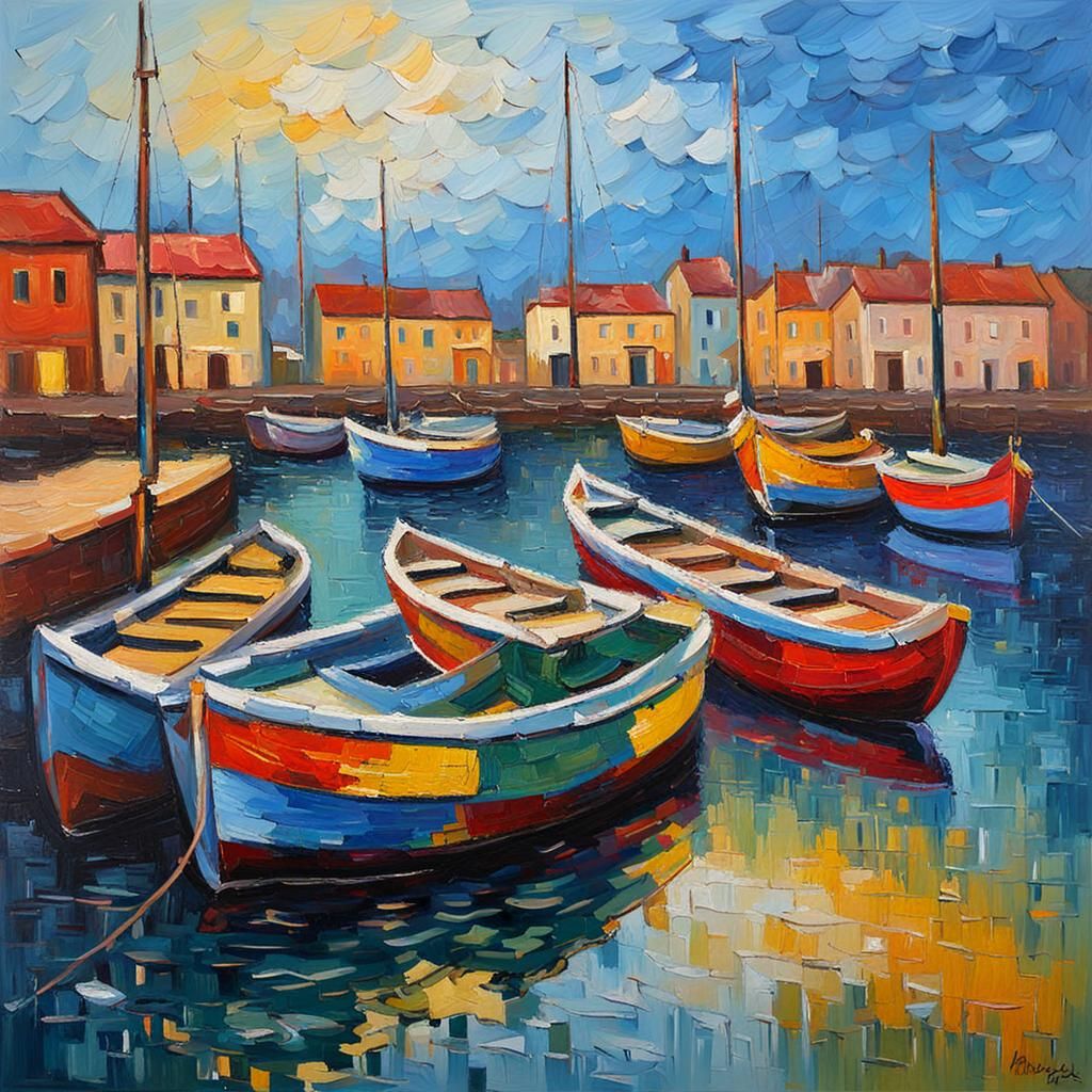 Boats Docking: Neo-Impressionist Oil Painting
