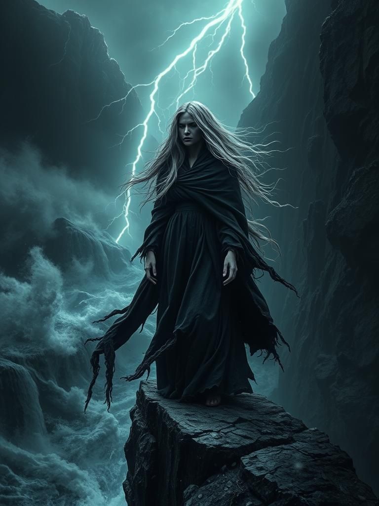 Woman Screaming on Cliff in Dark Surrealist Style