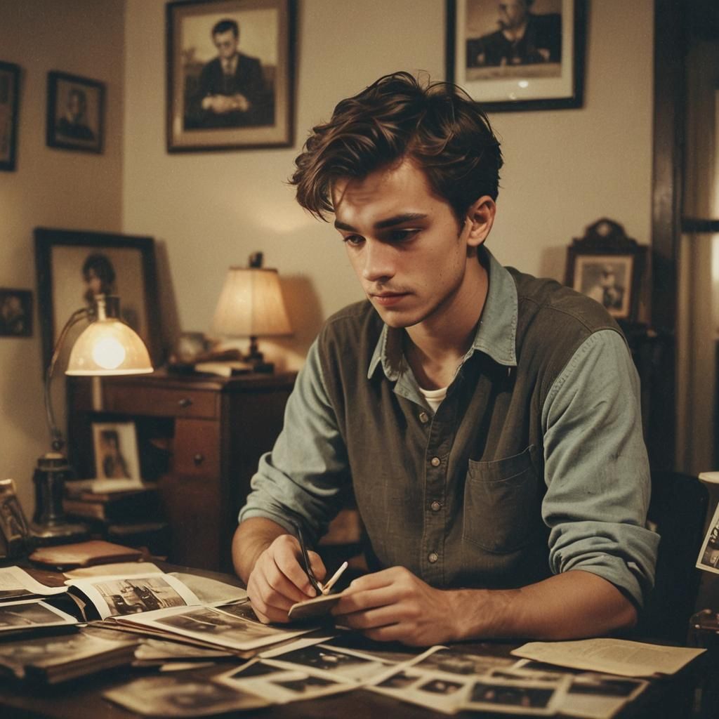 Nostalgic Young Man Gazing at Old Photos