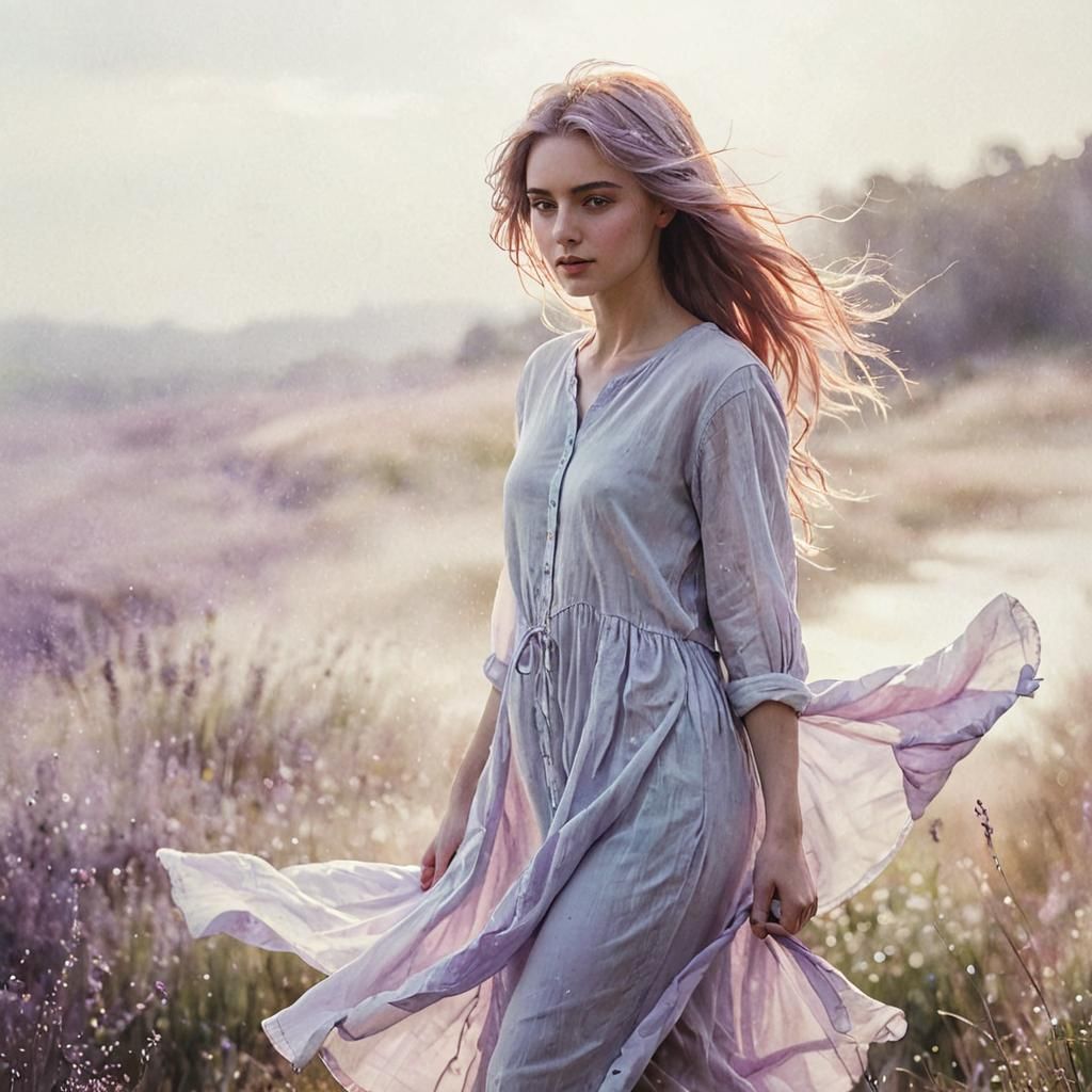 Ethereal Woman in Twilight Meadow Watercolour Painting