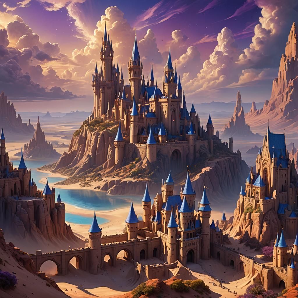 Magical Sandcastle Cities Under Radiant Sky