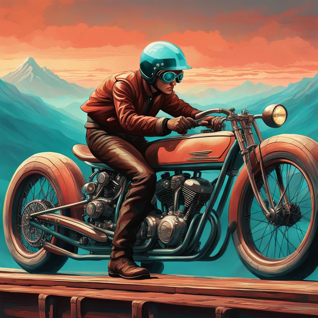 Vintage Motorcycle Racer on Wooden Track