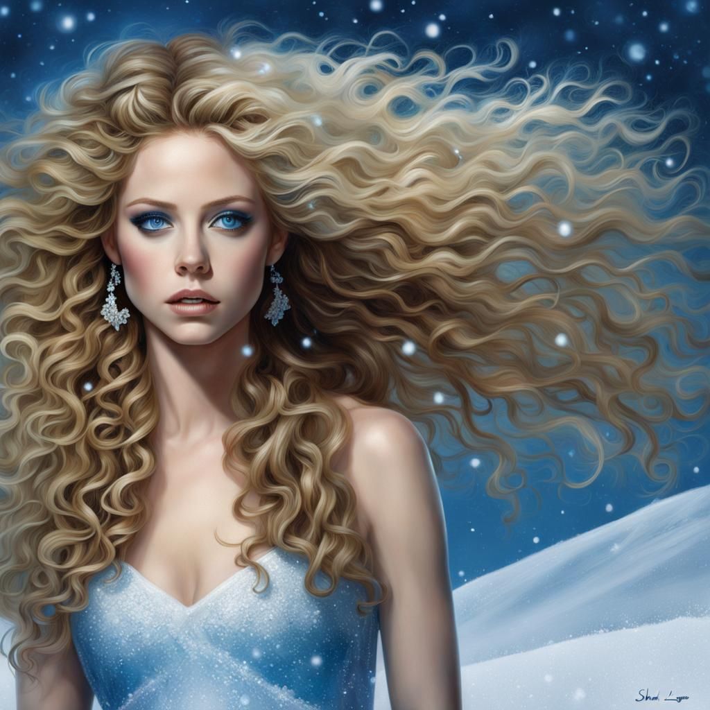 Hyperrealistic Portrait of Woman with Curly Hair in Snow