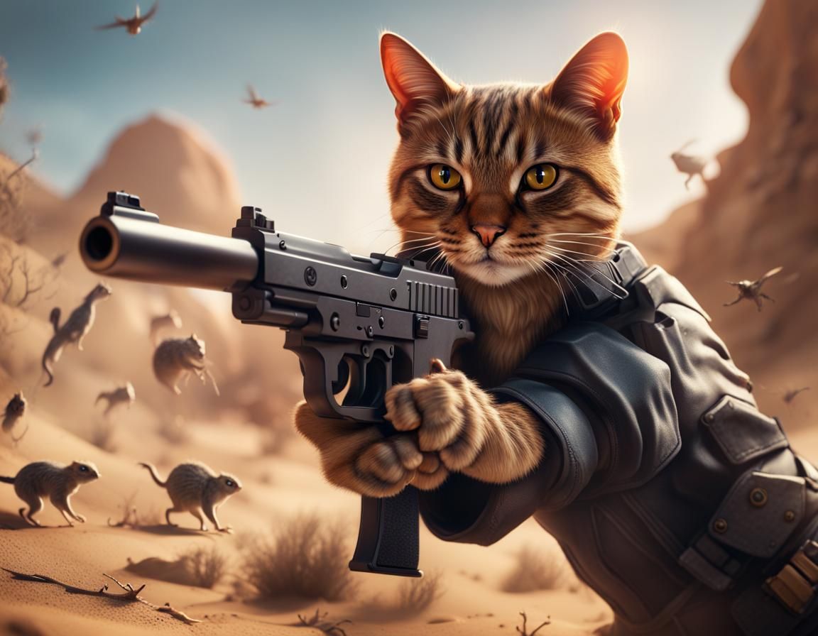 Cat FBI Agent vs Gerbil Zombies in Desert Matte Painting