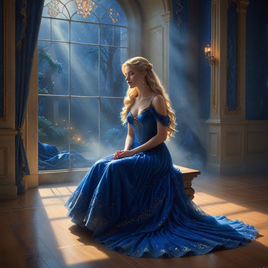 Elegant Woman in Blue Dress by Ballroom Window