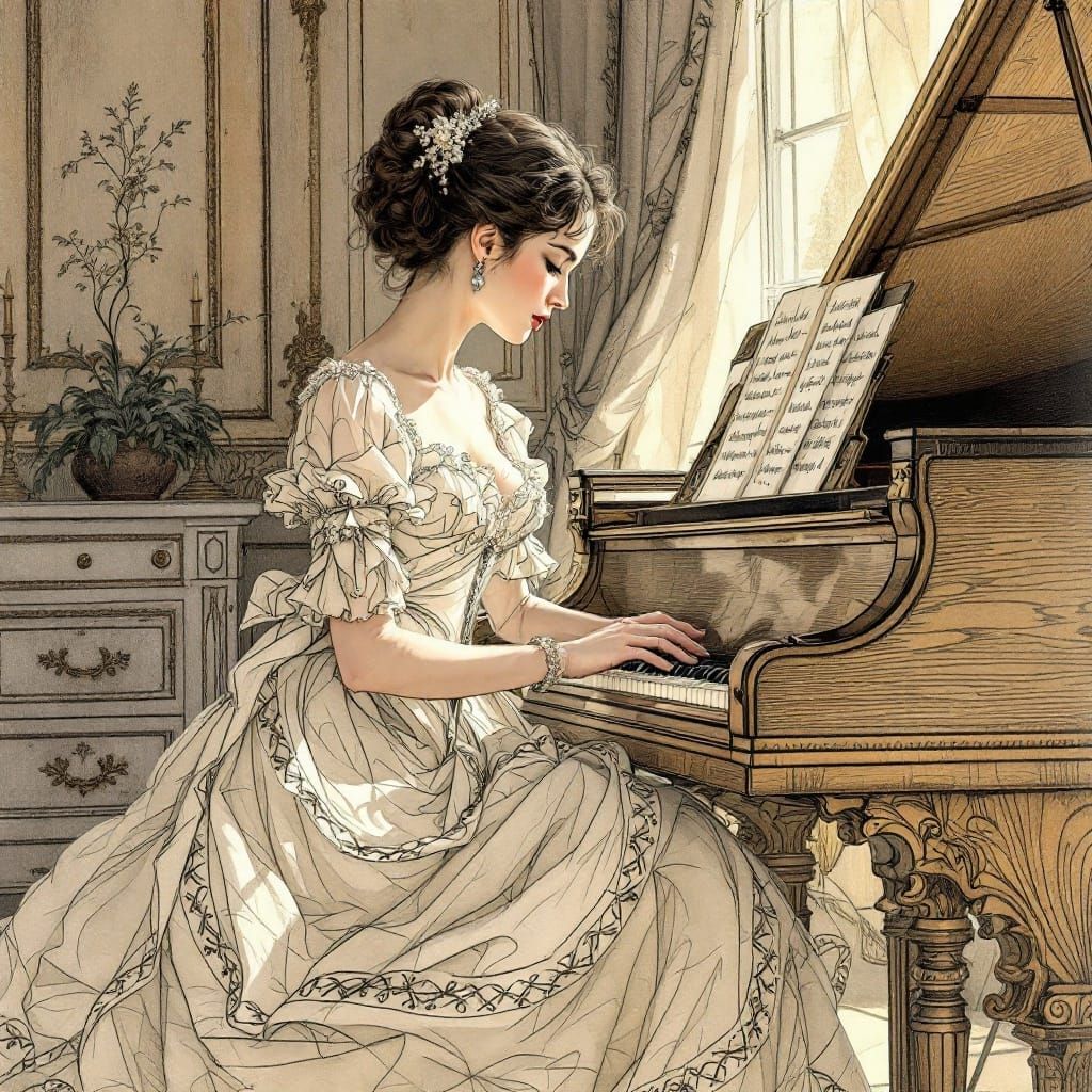 Elegant 18th-Century Woman Plays Harpsichord in Sunlit Salon