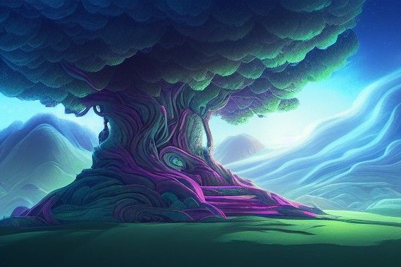 Cosmic Landscape with Tree Fortress in Cyberpunk Style