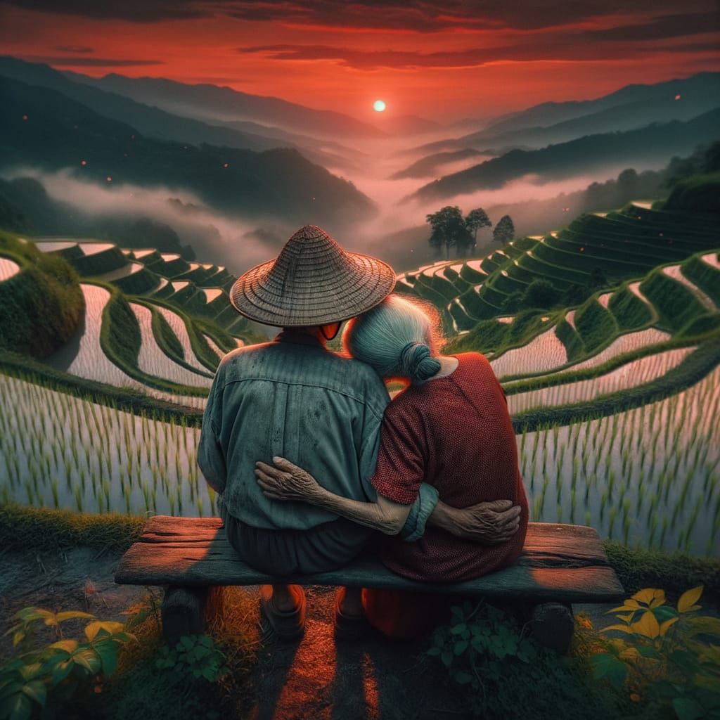 Loving Taiwanese Couple at Sunset, Painterly Style