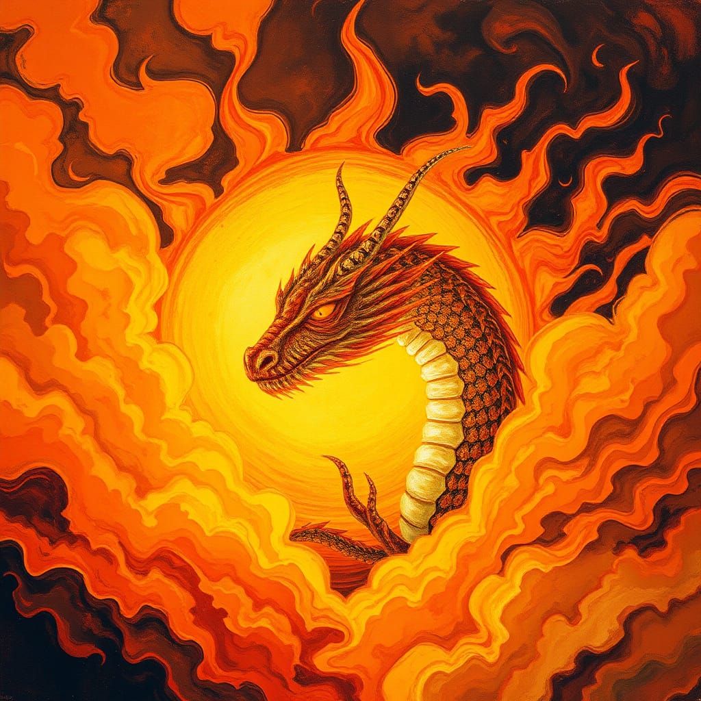 an abstract of a sun, the sun has a hole in it, a dragon is looking out