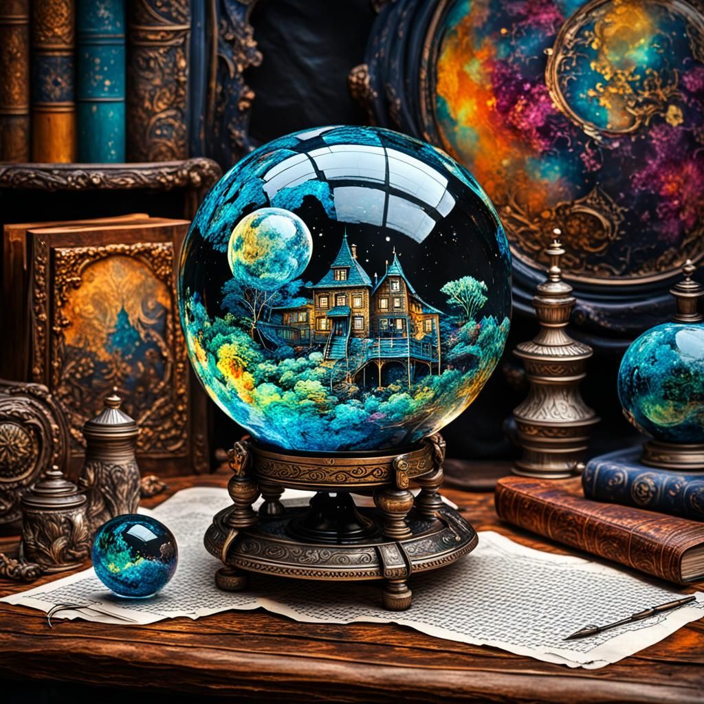 Glass Sphere Reflecting a Witch's Room in Steampunk Style