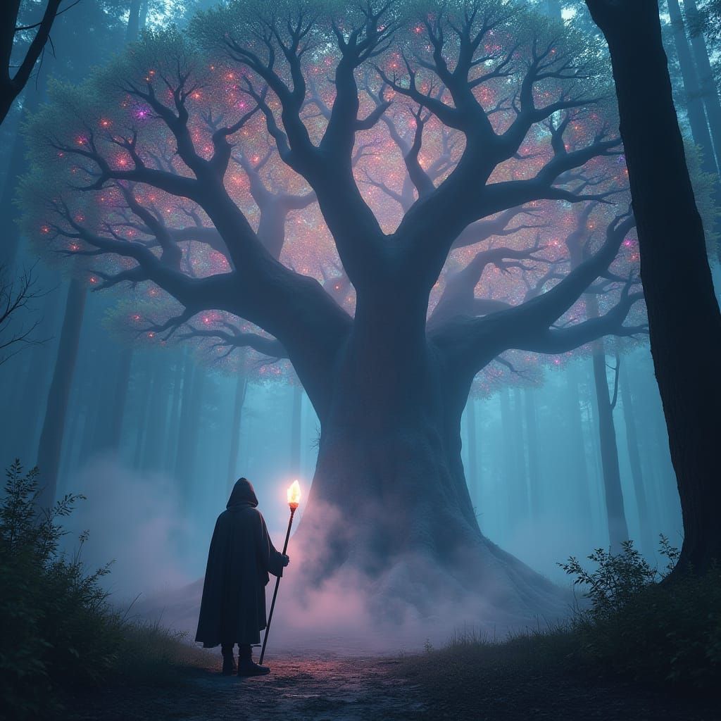 Bioluminescent Tree and Lone Wanderer in Cosmic Forest