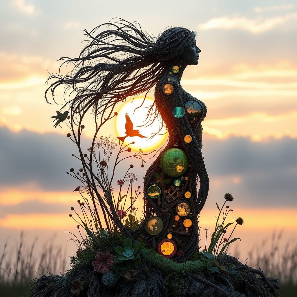 Ephemeral Land Art: Woman at Sunset in Bio Art Collage