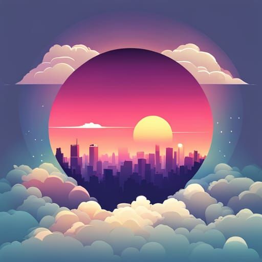 Sunset and Clouds Pixel Art in Vector Circle