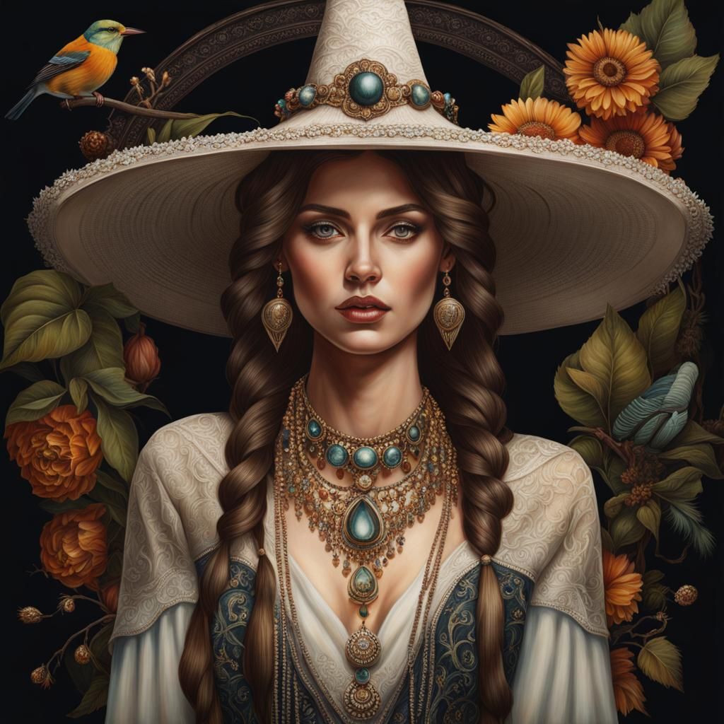 Hyperrealistic Portrait of Woman in Natural Witch Attire