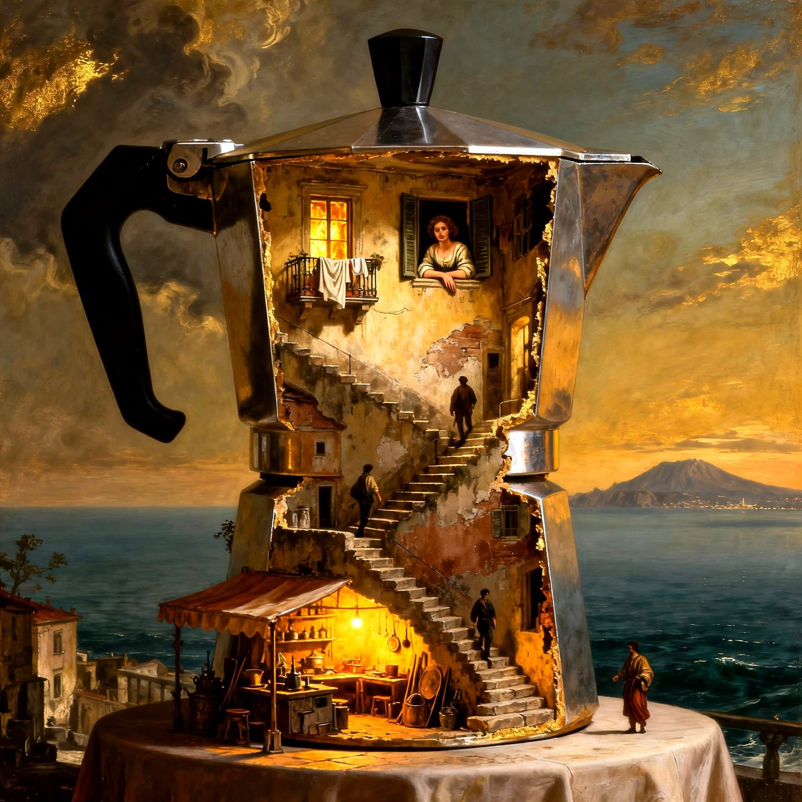 Baroque Italian Village Diorama Inside Moka Pot