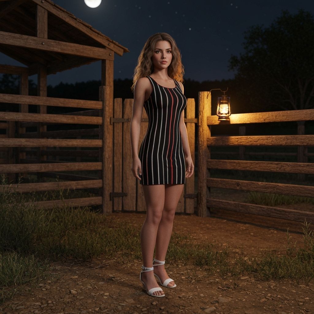 Woman in Black Dress at Night in Countryside