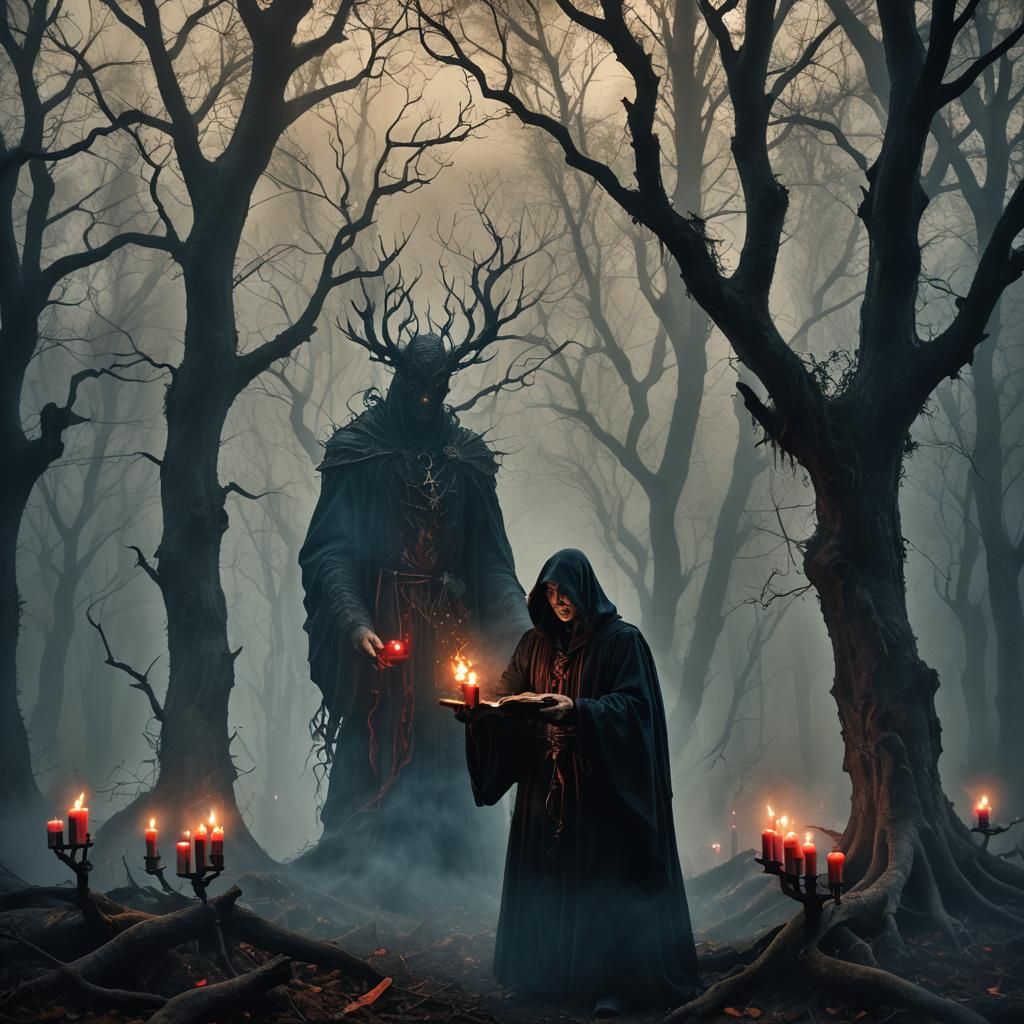 Dark Sorcerer Summons Spirit in Misty Forest