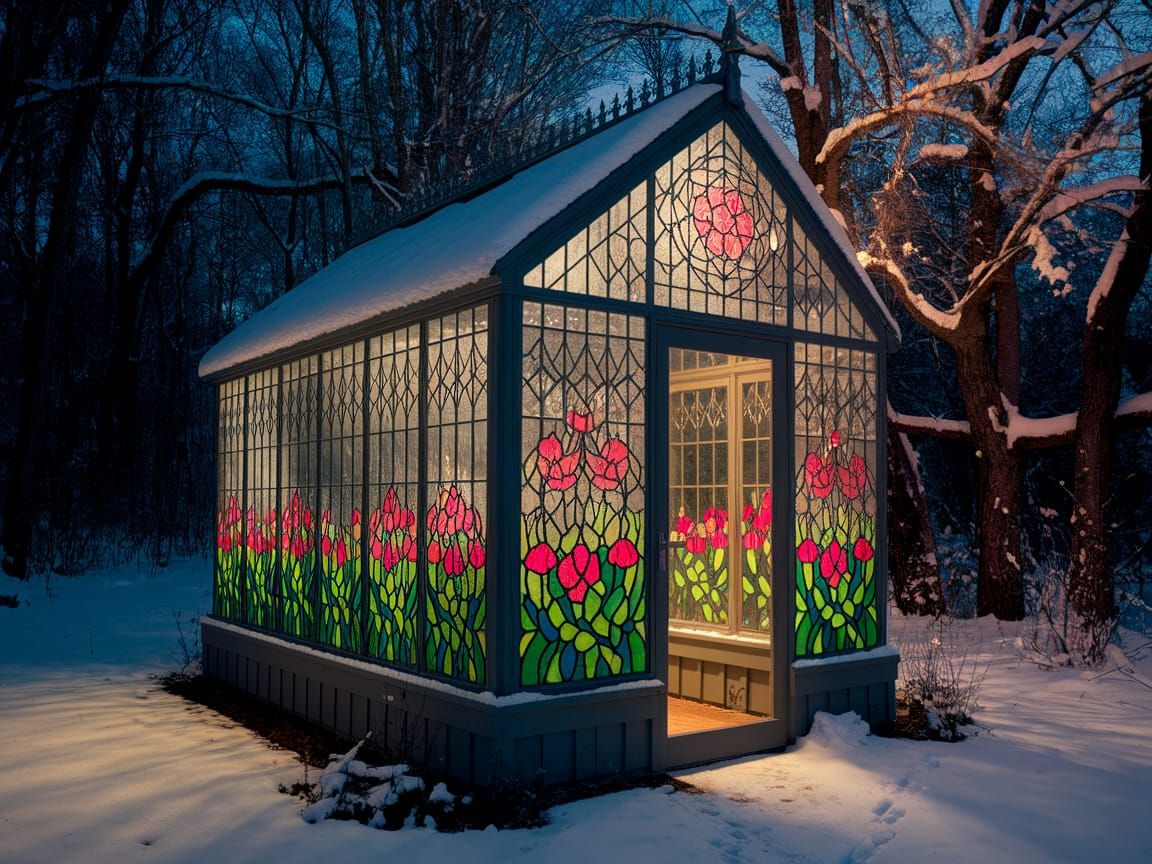 Stained Glass Greenhouse at Dusk
