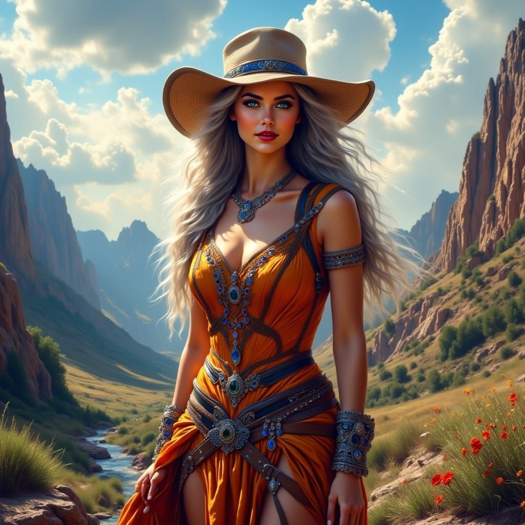 Courageous Female Adventurer Standing on Cliff's Edge