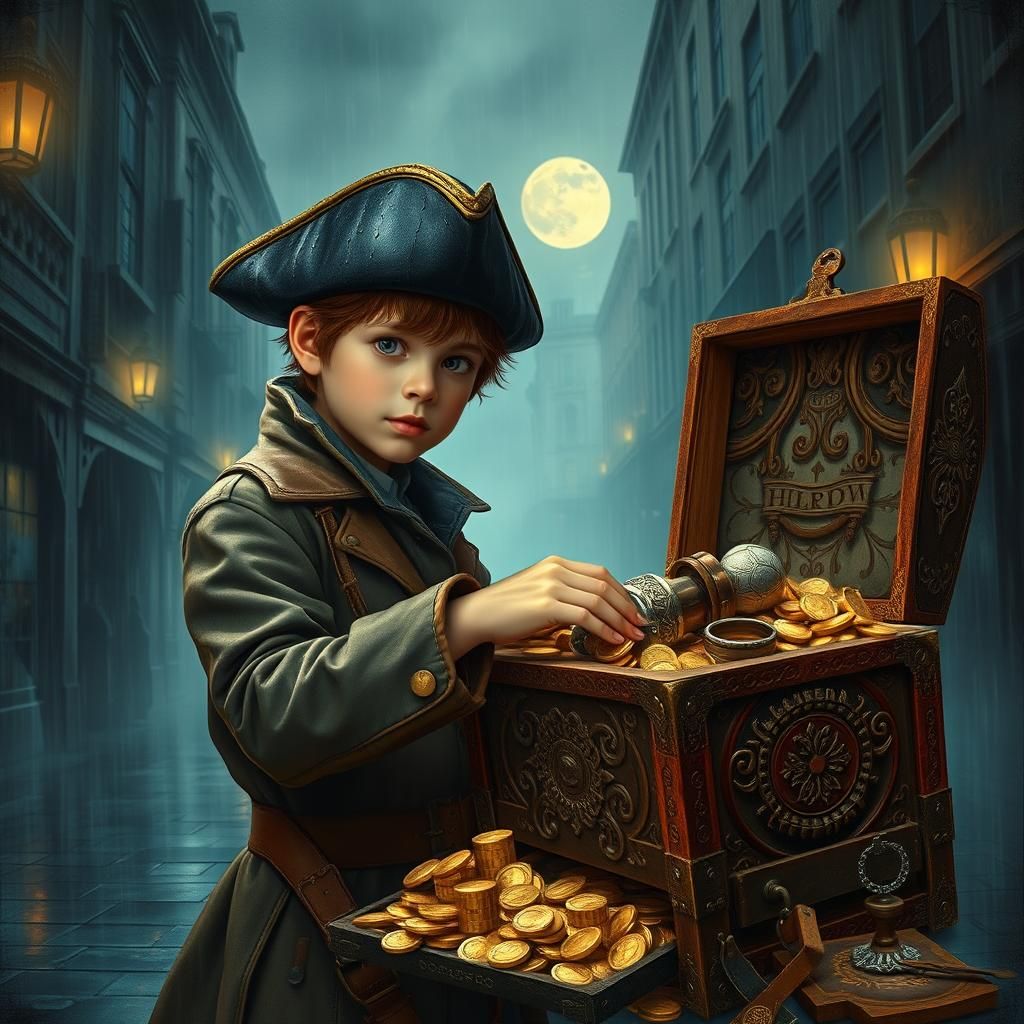 Adventurer with Treasure Chest in Rain, Mystical Style