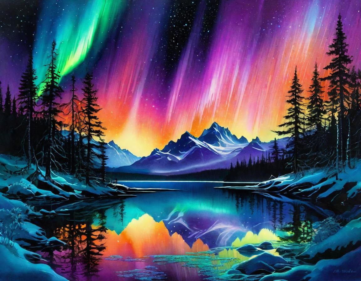 Moonlit Northern Lights Double Exposure Splash Art