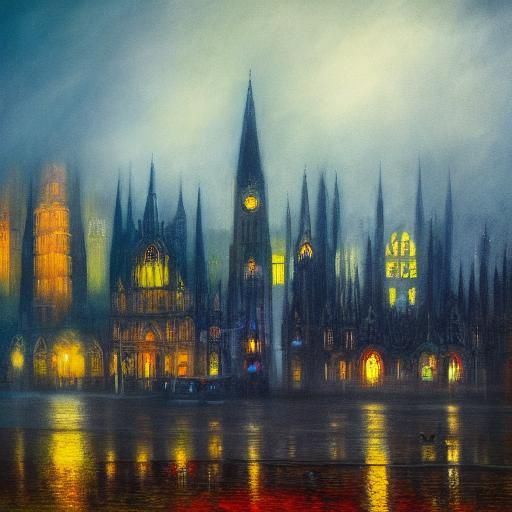Vampire City Skyline in Dreamlike Oil Painting Style