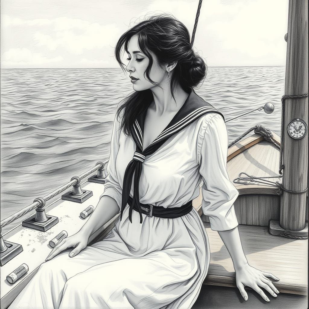 Elegant Sailor Woman in Hyperdetailed Charcoal Drawing