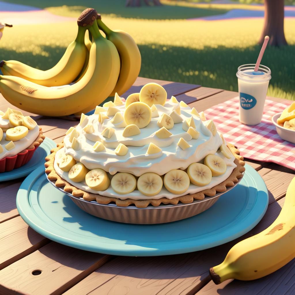 Banana Cream Pie on Picnic Table in 3D