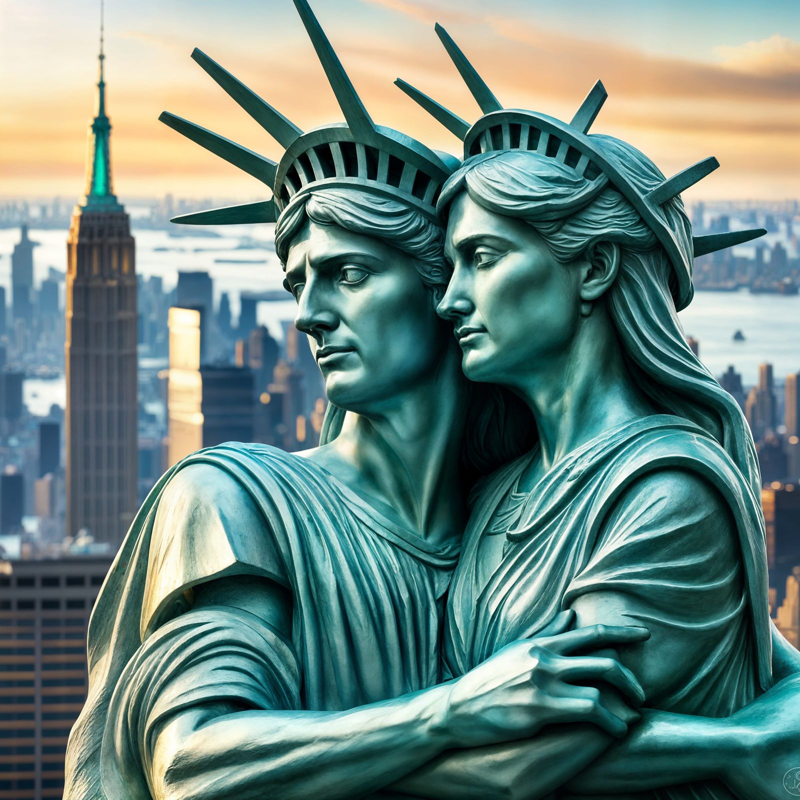 Statues of Liberty Couple in Romantic Embrace