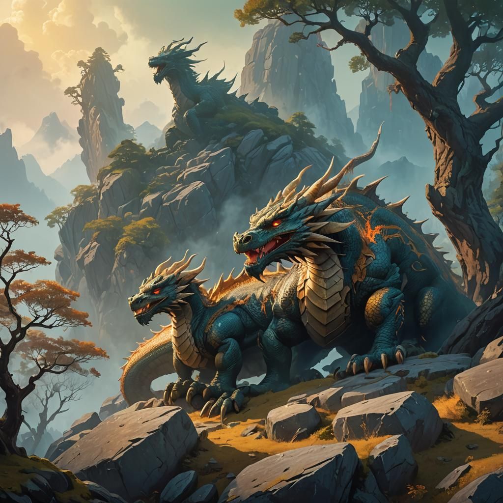 Mystical Dragon Ascends a Majestic Mountain Peak in Cyberpun...