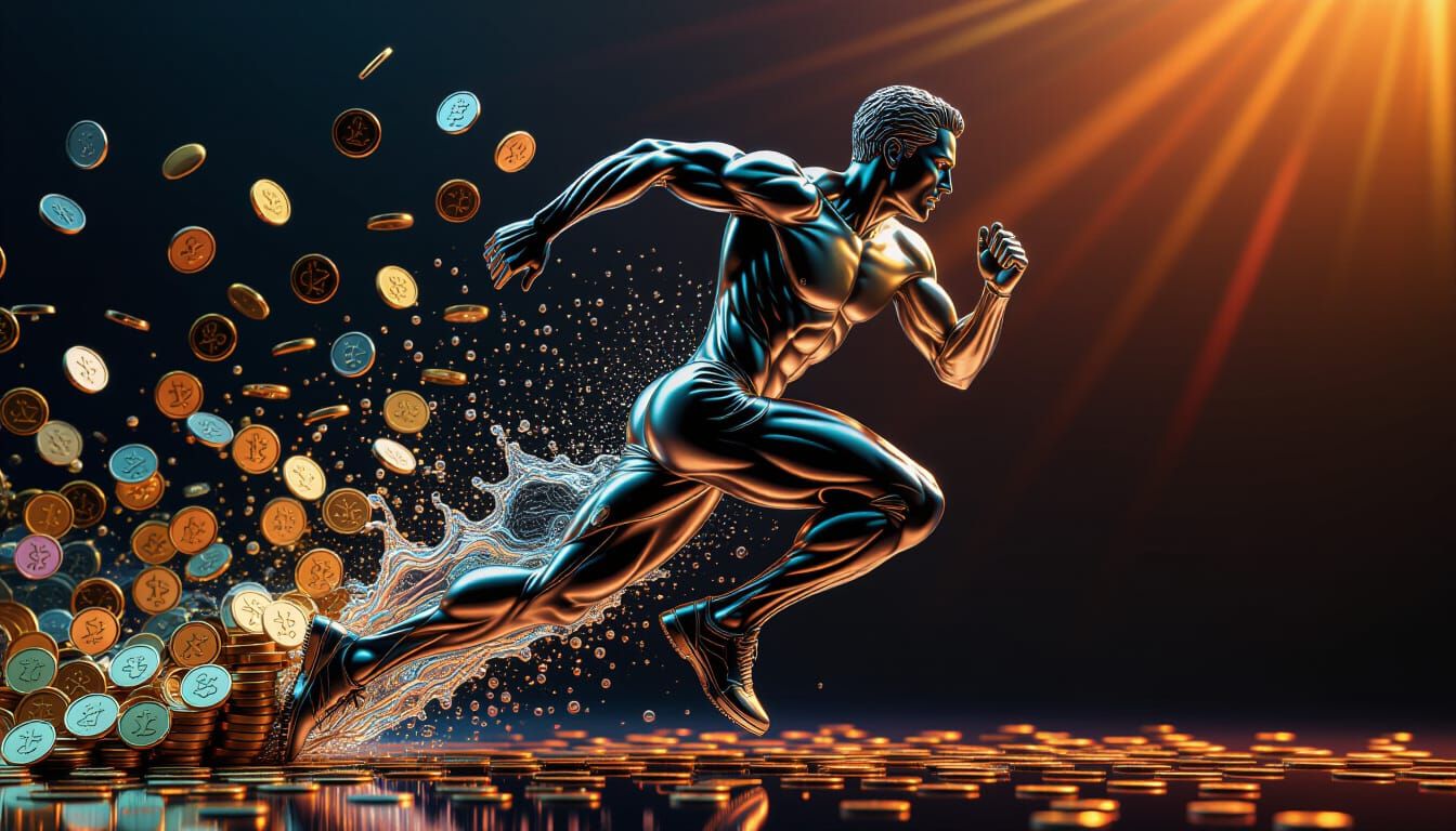 Running Man Sculpture of Gold and Silver Coins