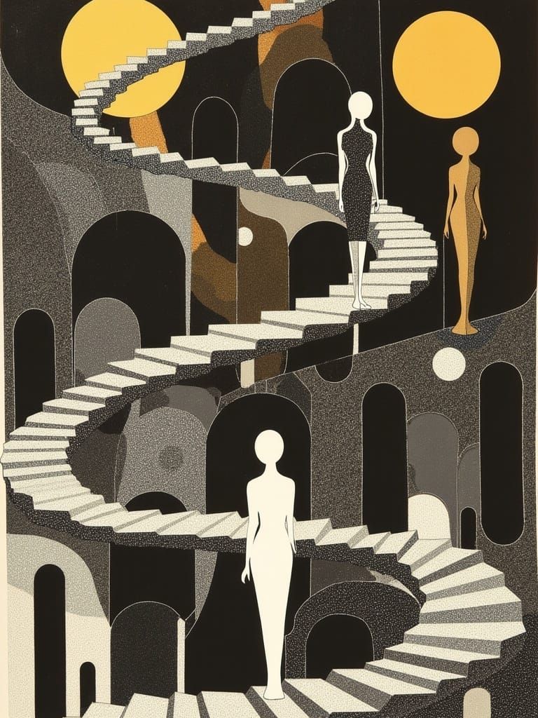 Golden Sunset Multilevel Staircase in Escher-Klimt Style