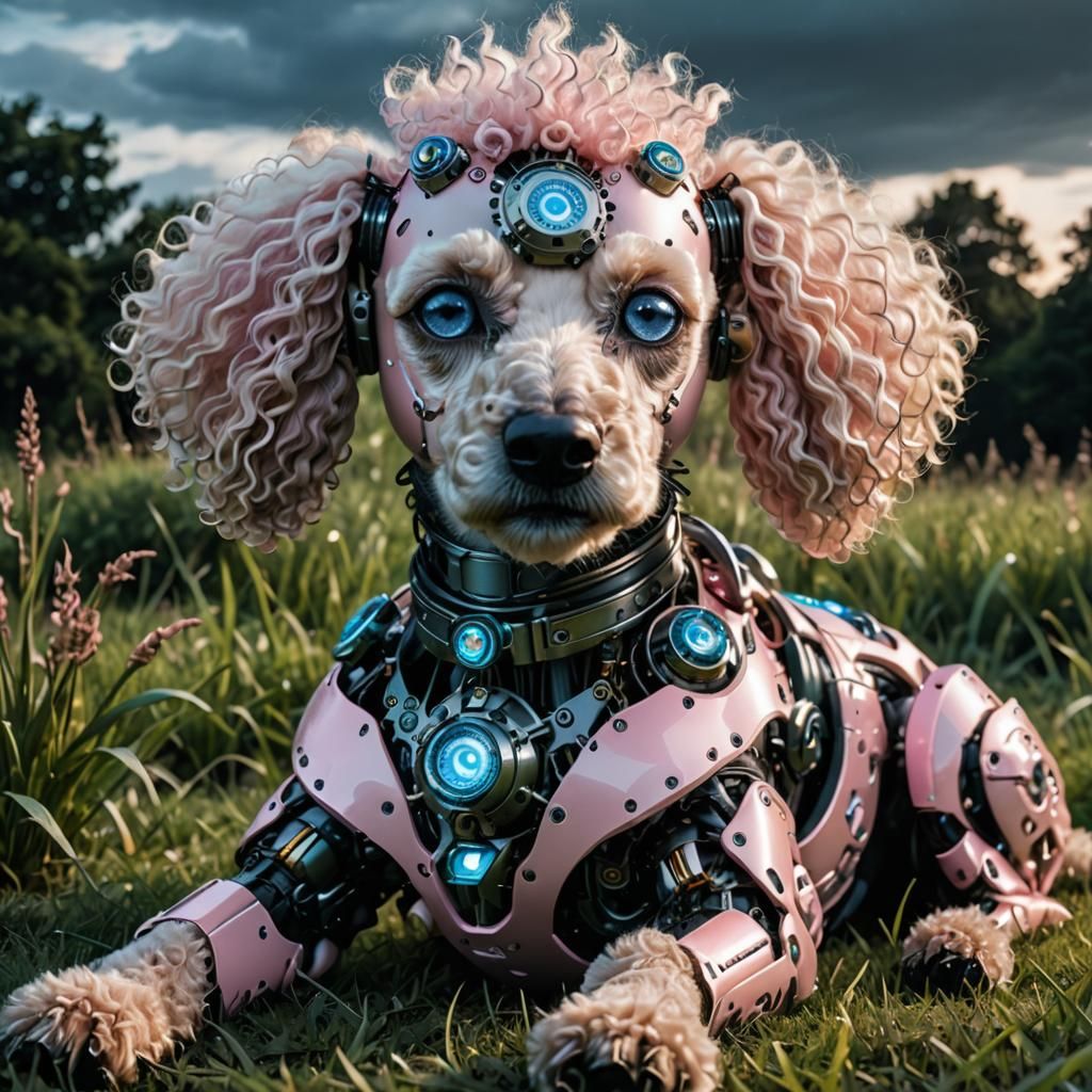 Cyborg Biomechanical Poodle with Robotic Eyes