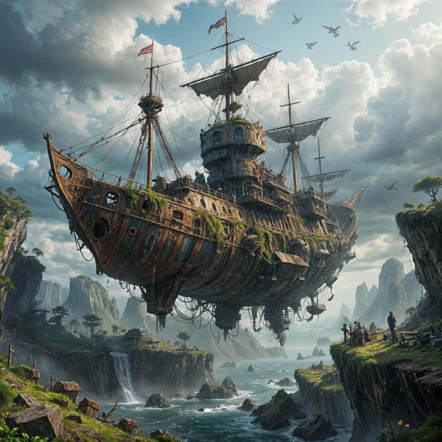 Skyship Cemetery on Floating Cliffs: Fantasy Art